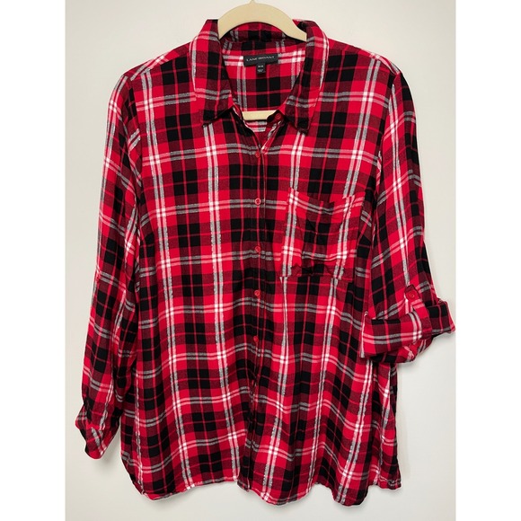 Lane Bryant Tops - Lane Bryant Red Black Plaid Metallic Roll Tab Sleeve Button Front Shirt 26/28